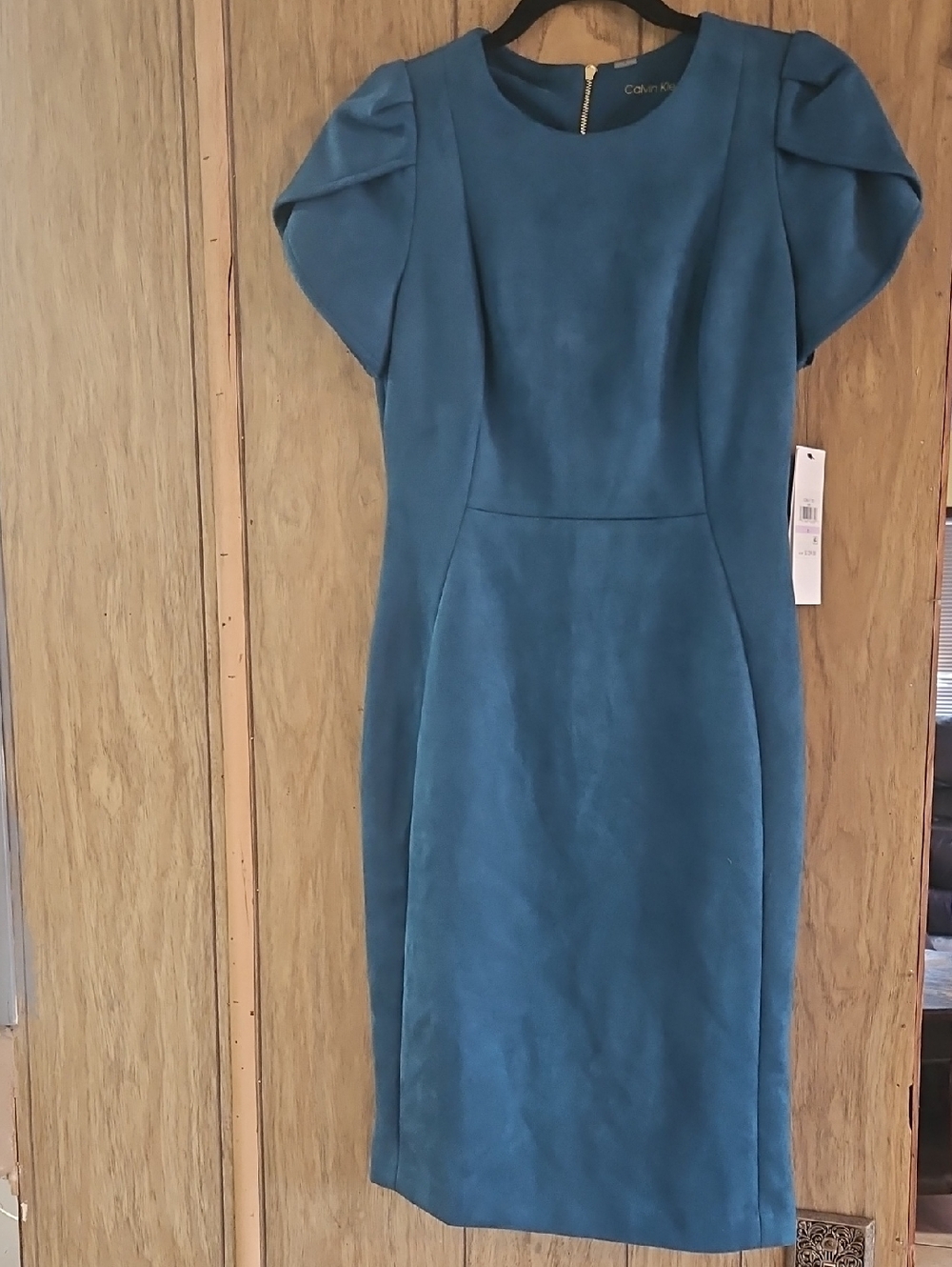 Calvin Klein Teal Pencil Midi Dress with Puff Sleeves